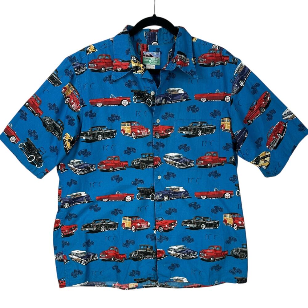 Vintage Y2K Reyn Spooner Shirt Mens Large Cars Auto Hawaiian Camp Button Blue